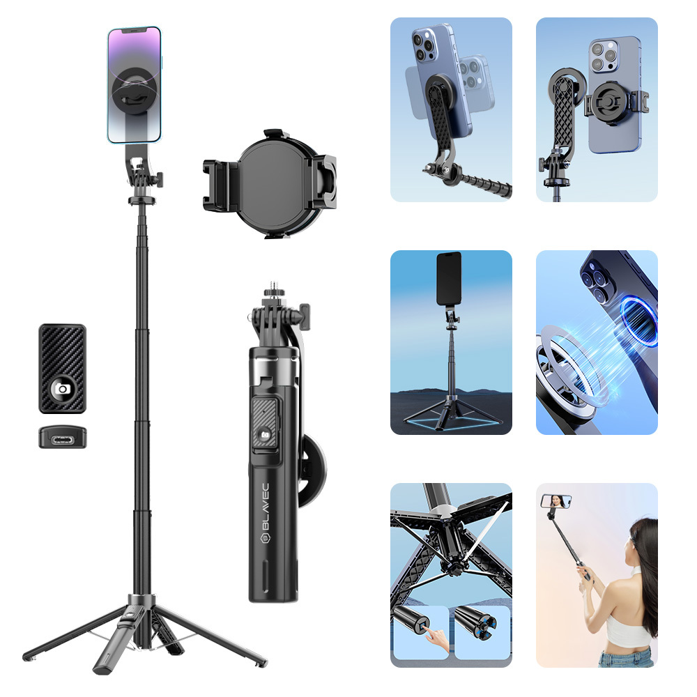 Blavec Selfie Bot Aluminium Fusion P06 Magsafe tripod + távirányító + tartó 1,34 méter (SSFP06-MTRHB134) fekete-2