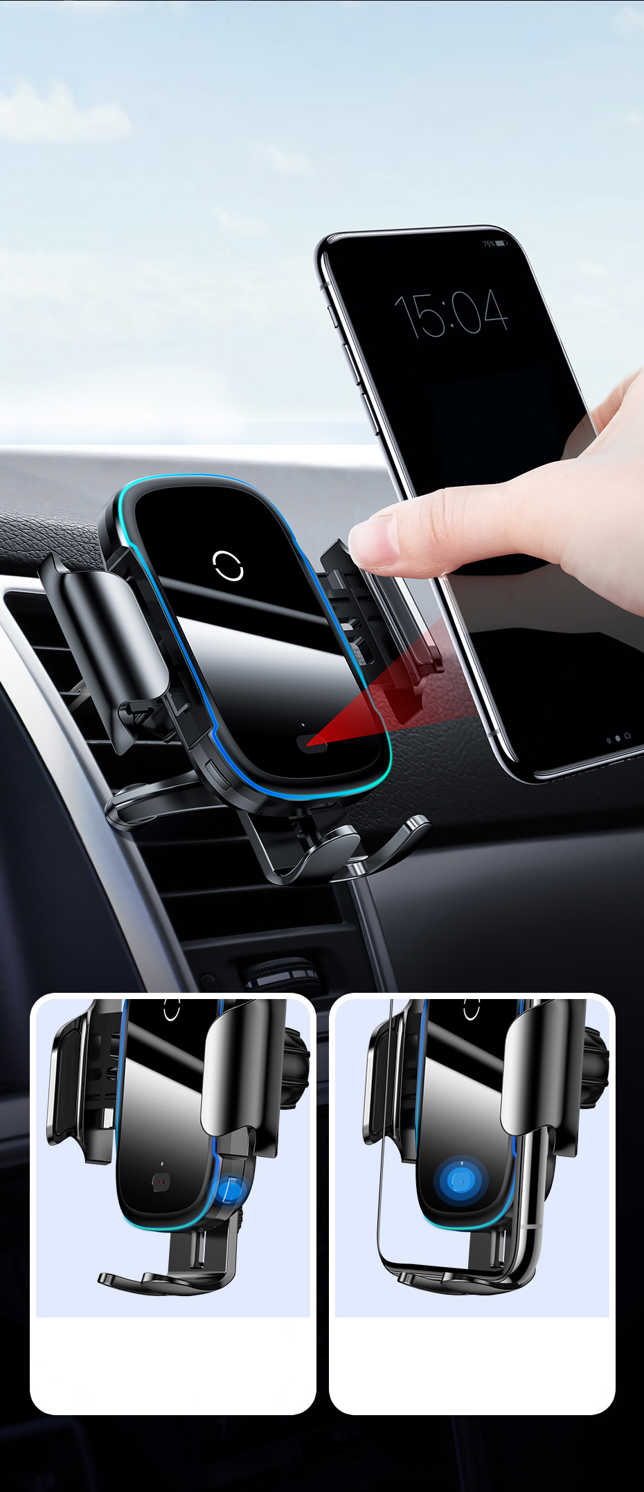 Baseus Smart elektromos autós telefontartó és Qi vezeték nélküli töltő fekete (WXHW03-01)-3