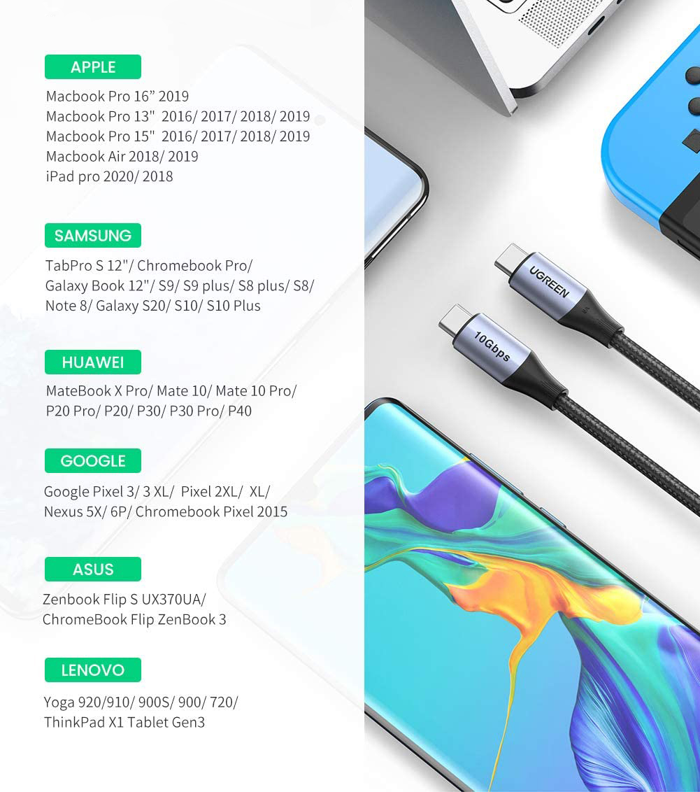 Ugreen US355 USB-C - USB-C 3.1 Gen.2, PD, 5A, 100W, 4K, 10Gbps, 1m (fekete)-4