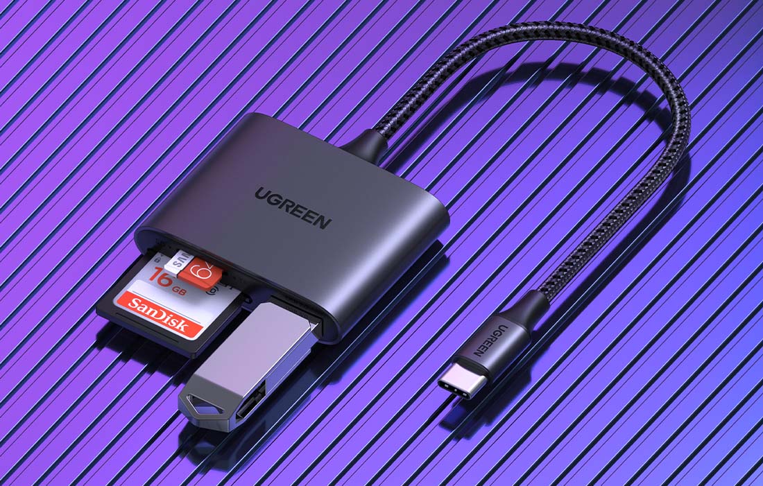 Ugreen CM387 USB-C HUB elosztó adapter, microSD/SD kártyaolvasó + USB-A (fekete)-3