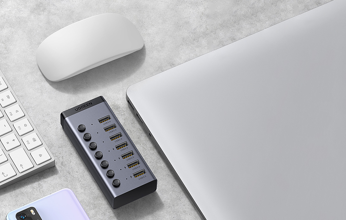 Ugreen 7in1 HUB elosztó adapter USB-C, 7x USB-A 3.0 12V 2A (fekete)-7