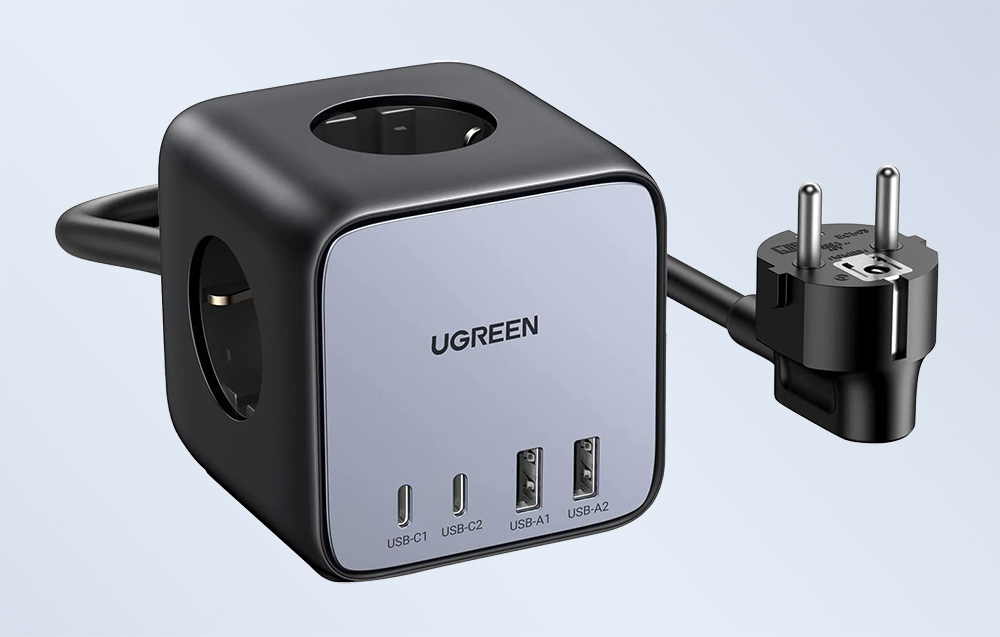 UGREEN CD268 hálózati elosztó EU, 65W, 1,8m (fekete) USB portokkal-1
