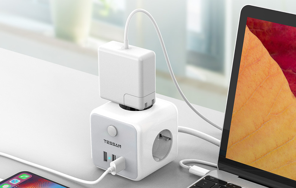 TESSAN TS-301-C-GR 3x hálózati elosztó + 2x USB-A, 1x USB-C töltő 2m-4