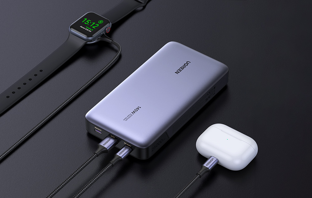 Powerbank 25000mAh Ugreen PB205, USB + 2x USB-C, 145W PD (szürke)-3