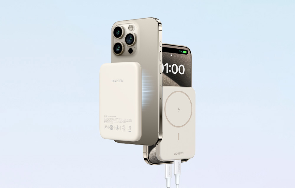 Mágneses powerbank 10000mAh Ugreen PB561, USB-C, 15W (bézs)-4