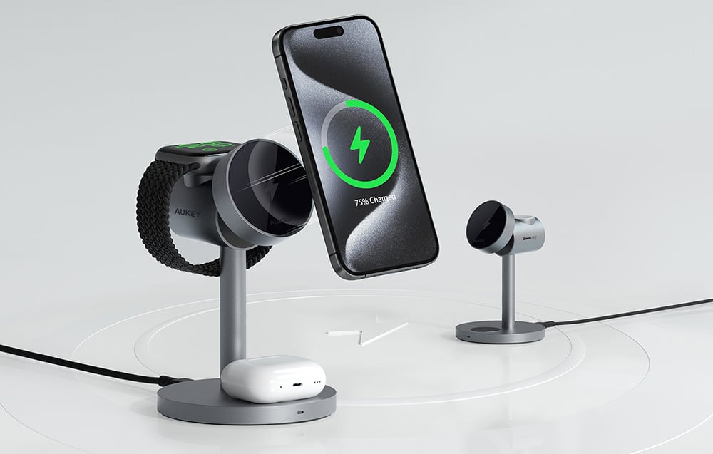 Vezeték nélküli töltőállomás MagFusion 3 az 1-ben Aukey LC-MC311, 15W Qi2 (szürke)-4