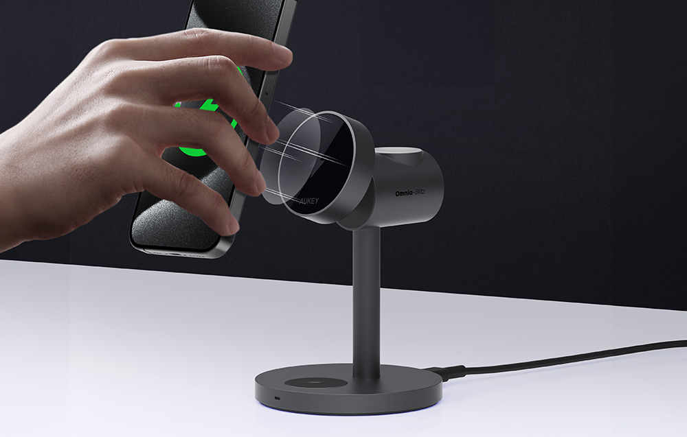 Vezeték nélküli töltőállomás MagFusion 3 az 1-ben Aukey LC-MC311, 15W Qi2 (szürke)-5