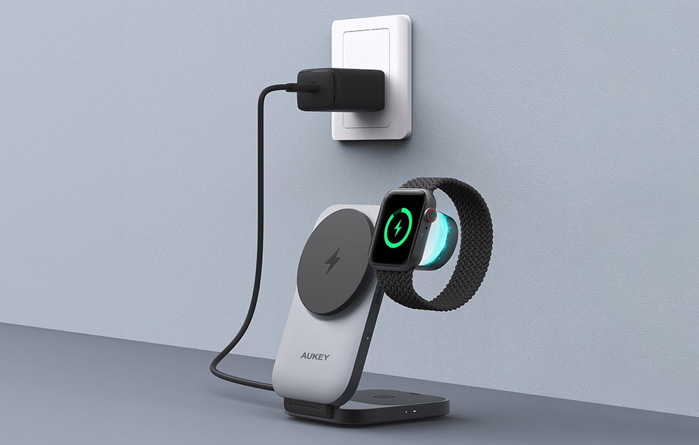 Mágneses vezeték nélküli töltő 3 az 1-ben MagFusion Aukey LC-MC312, 15W Qi2 (szürke) töltállomás-4