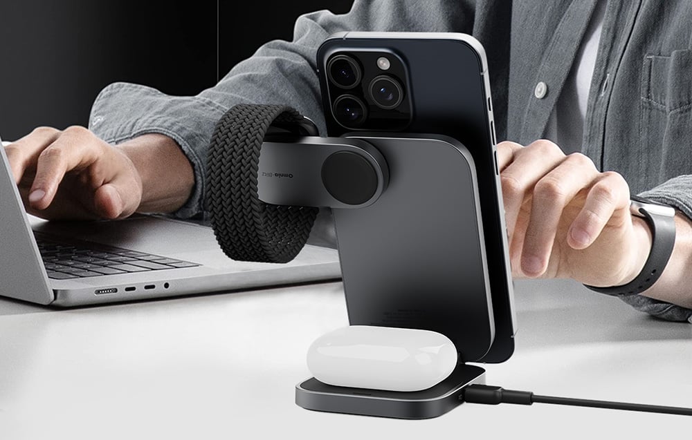 Mágneses vezeték nélküli töltő 3 az 1-ben MagFusion Aukey LC-MC312, 15W Qi2 (szürke) töltállomás-5