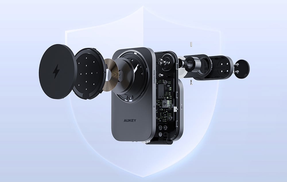 Mágneses vezeték nélküli töltő 3 az 1-ben MagFusion Aukey LC-MC312, 15W Qi2 (szürke) töltállomás-7