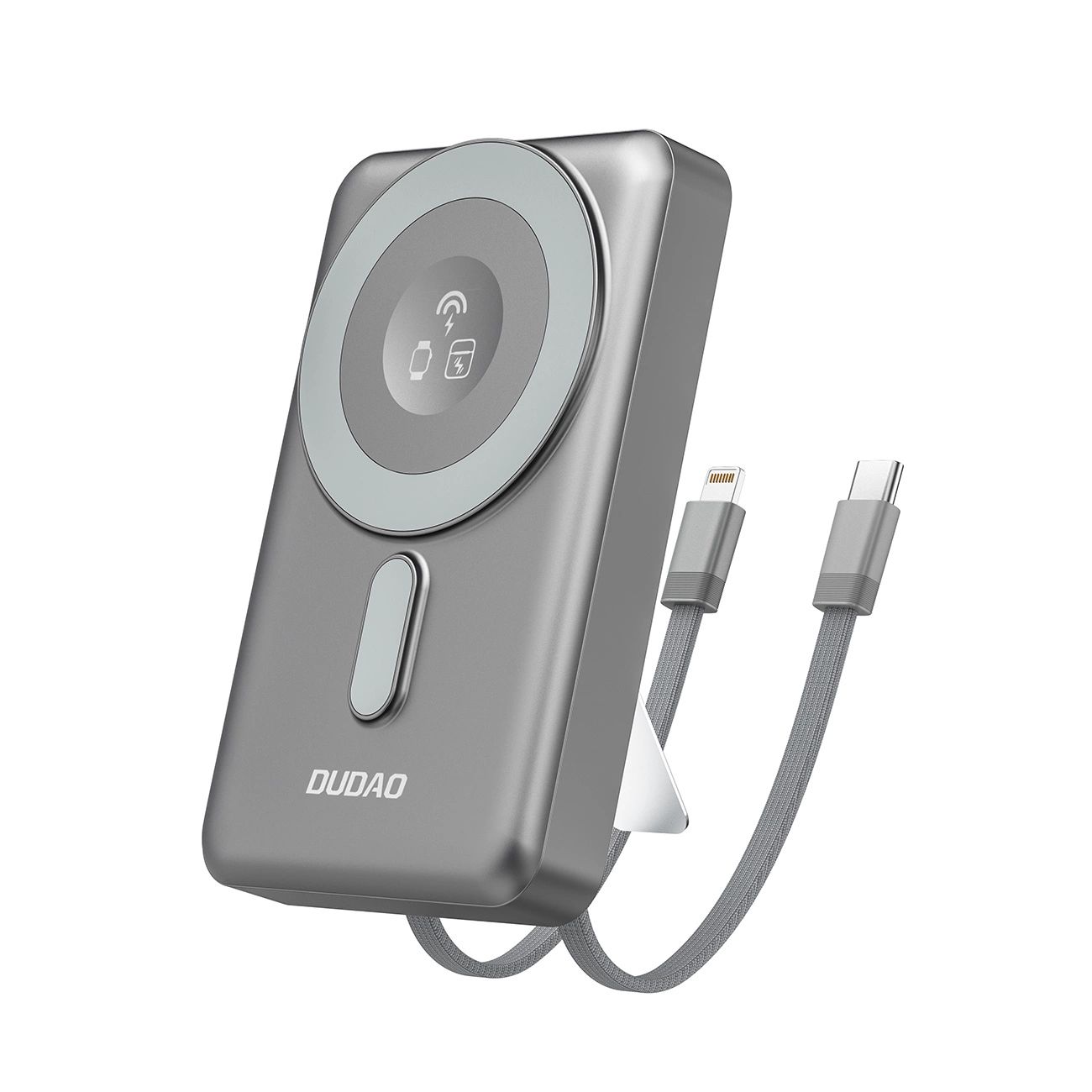 Dudao K29 10000mAh PD 20W MagSafe Power Bank fém tokkal, állvánnyal és beépített USB-C/Lightning kábelekkel - Szürke-0