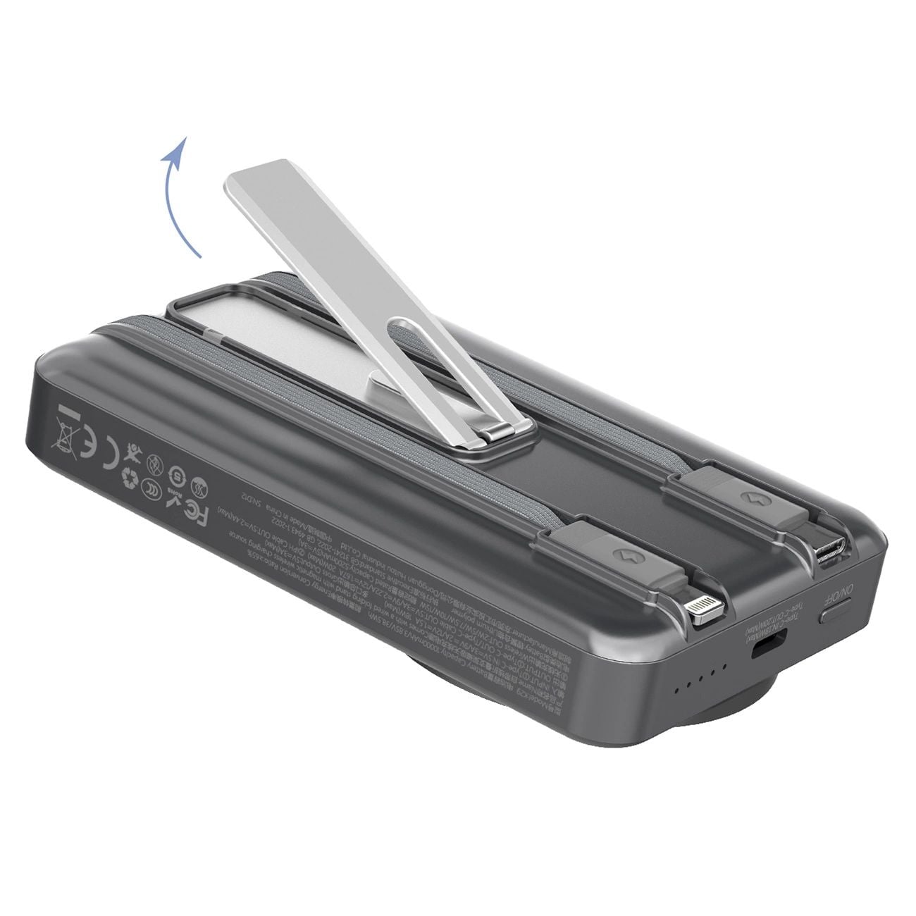 Dudao K29 10000mAh PD 20W MagSafe Power Bank fém tokkal, állvánnyal és beépített USB-C/Lightning kábelekkel - Szürke-6