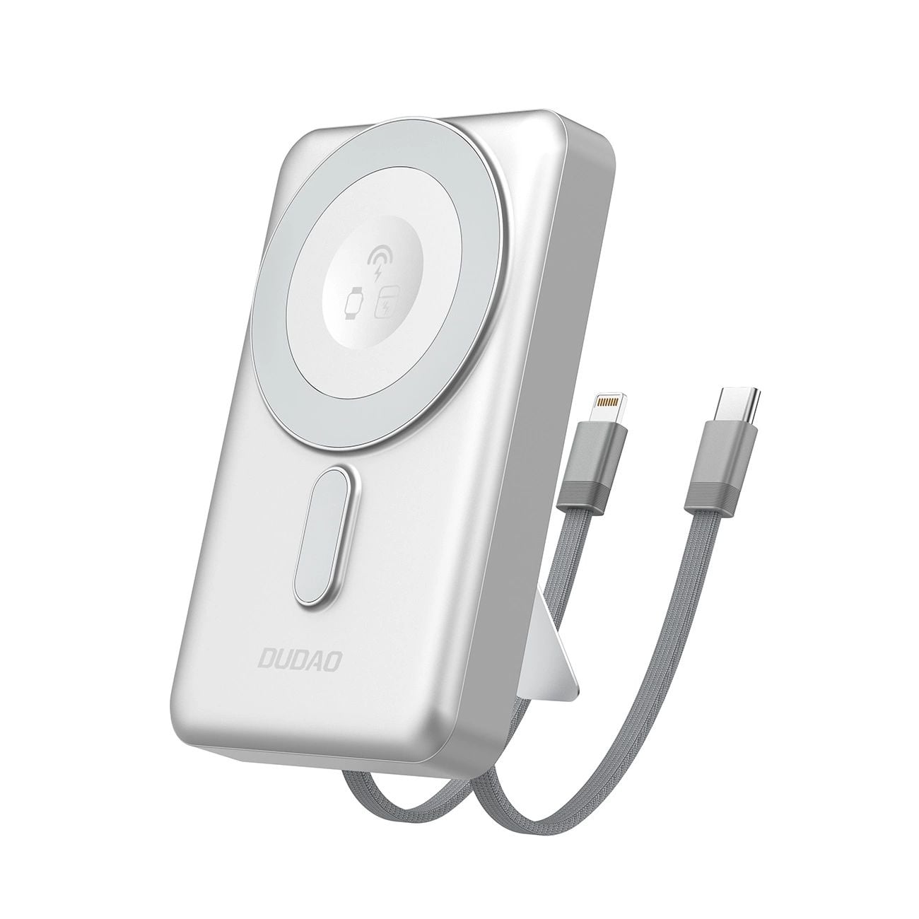 Dudao K29 10000mAh PD 20W MagSafe Powerbank fémházzal, állvánnyal és beépített USB-C/Lightning kábelekkel - Ezüst-0