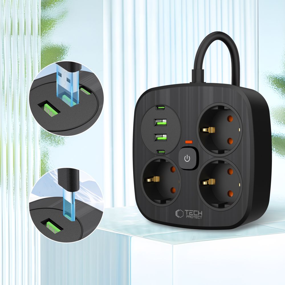 Tech-protect Pcs3x4 hálózati elosztó 2 Usb & 2 Type-c & 3 aljzat 200cm fekete-2