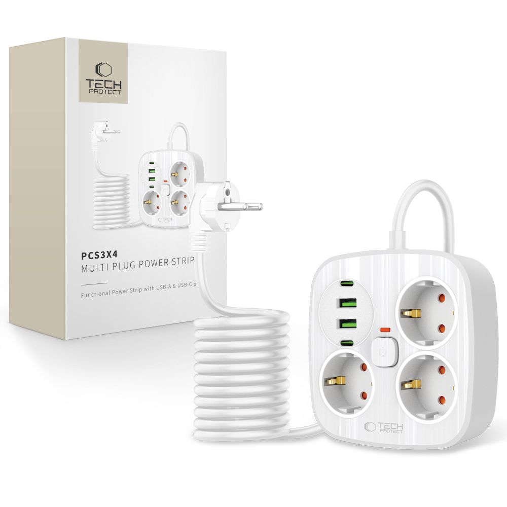 Tech-protect Pcs3x4 Hálózati elosztó 2 USB & 2 Type-C & 3 Konnektor 200cm Fehér-0