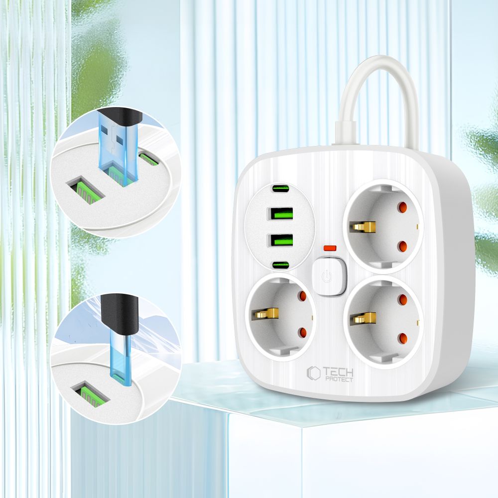 Tech-protect Pcs3x4 Hálózati elosztó 2 USB & 2 Type-C & 3 Konnektor 200cm Fehér-2