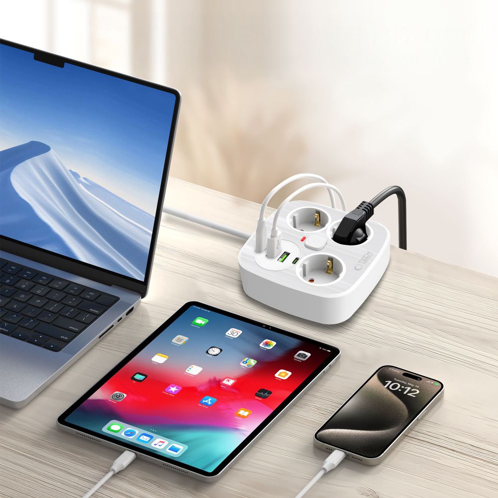 Tech-protect Pcs3x4 Hálózati elosztó 2 USB & 2 Type-C & 3 Konnektor 200cm Fehér-3
