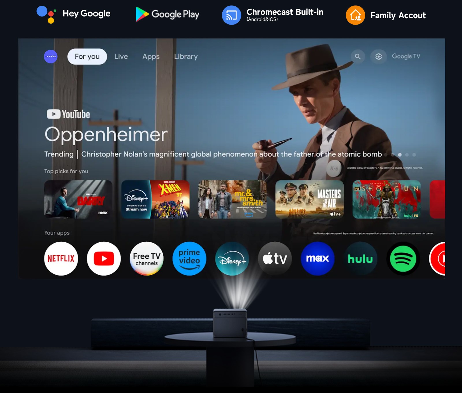 Wanbo Projektor X5 Pro 140 hüvelyk, 1080P Android TV 11-gyel, Két sávos Wi-Fi, Sötétkék EU-4