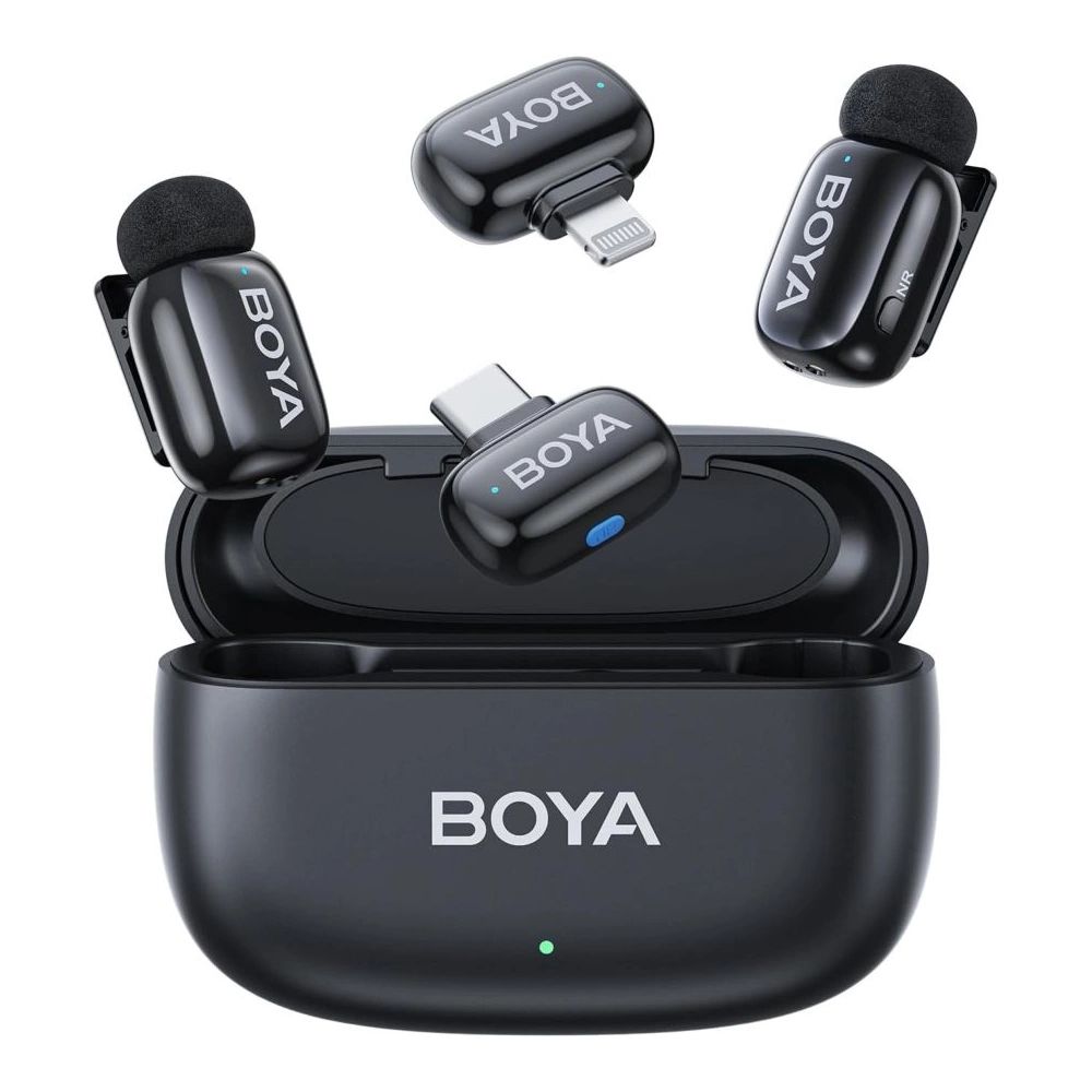 BOYA Mini 12 Ultrakompakt vezeték nélküli mikrofon 2 adó + 2 vevő (USB-C + Lightning csatlakozó) + 1 töltőtok. Fekete-0