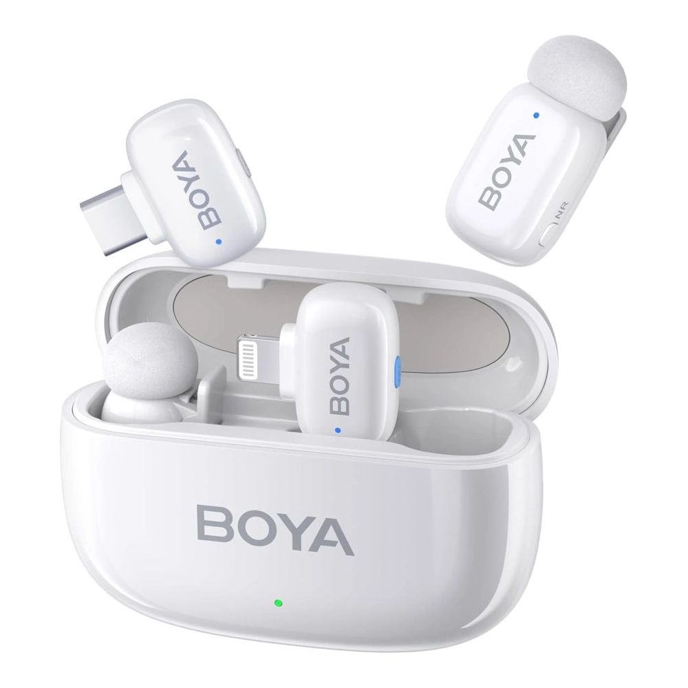 BOYA Mini 13 Ultrakompakt vezeték nélküli mikrofon 2 adó + 2 vevő (USB-C + Lightning csatlakozó) + 1 töltőtok. Fehér-0