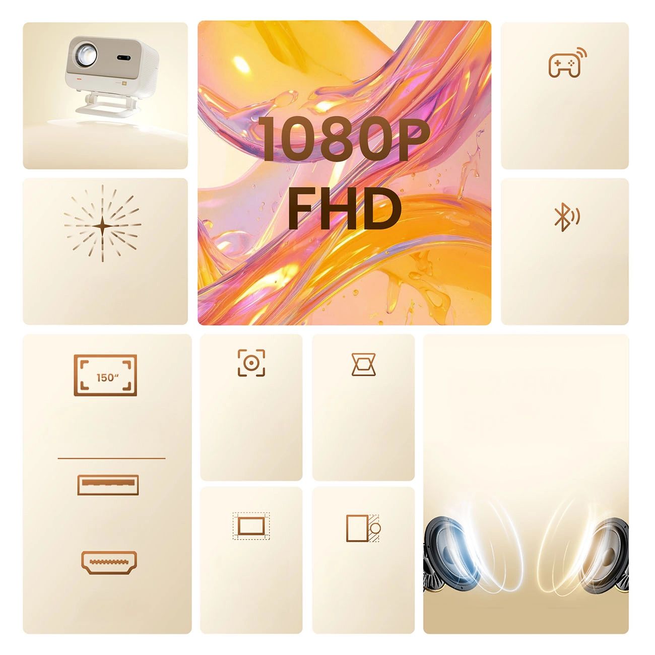 Yaber L2 Plus LCD FullHD 1080p Multimédiás Projektor JBL Hangszórókkal - Bézs-10