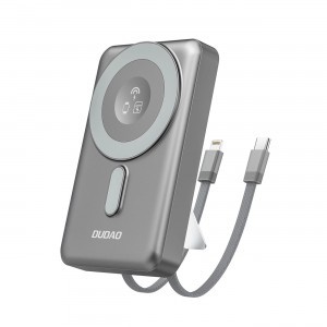 Dudao K29 10000mAh PD 20W MagSafe Power Bank fém tokkal, állvánnyal és beépített USB-C/Lightning kábelekkel - Szürke