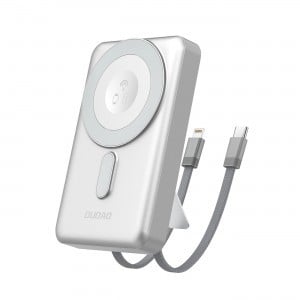 Dudao K29 10000mAh PD 20W MagSafe Powerbank fémházzal, állvánnyal és beépített USB-C/Lightning kábelekkel - Ezüst
