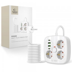 Tech-protect Pcs3x4 Hálózati elosztó 2 USB & 2 Type-C & 3 Konnektor 200cm Fehér
