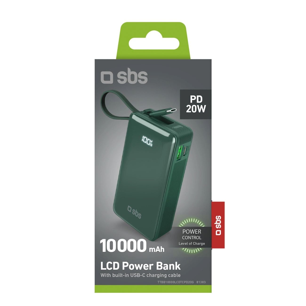 Powerbank SBS 10000 mAh 20W beépített USB-C kábellel és digitális kijelzővel - zöld-10