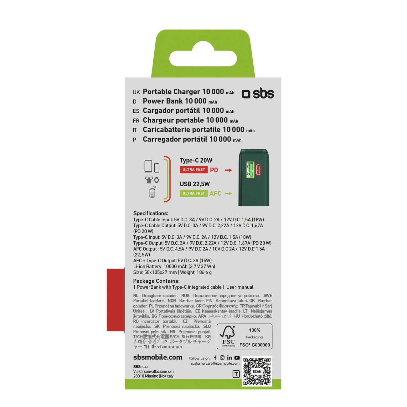 Powerbank SBS 10000 mAh 20W beépített USB-C kábellel és digitális kijelzővel - zöld-9