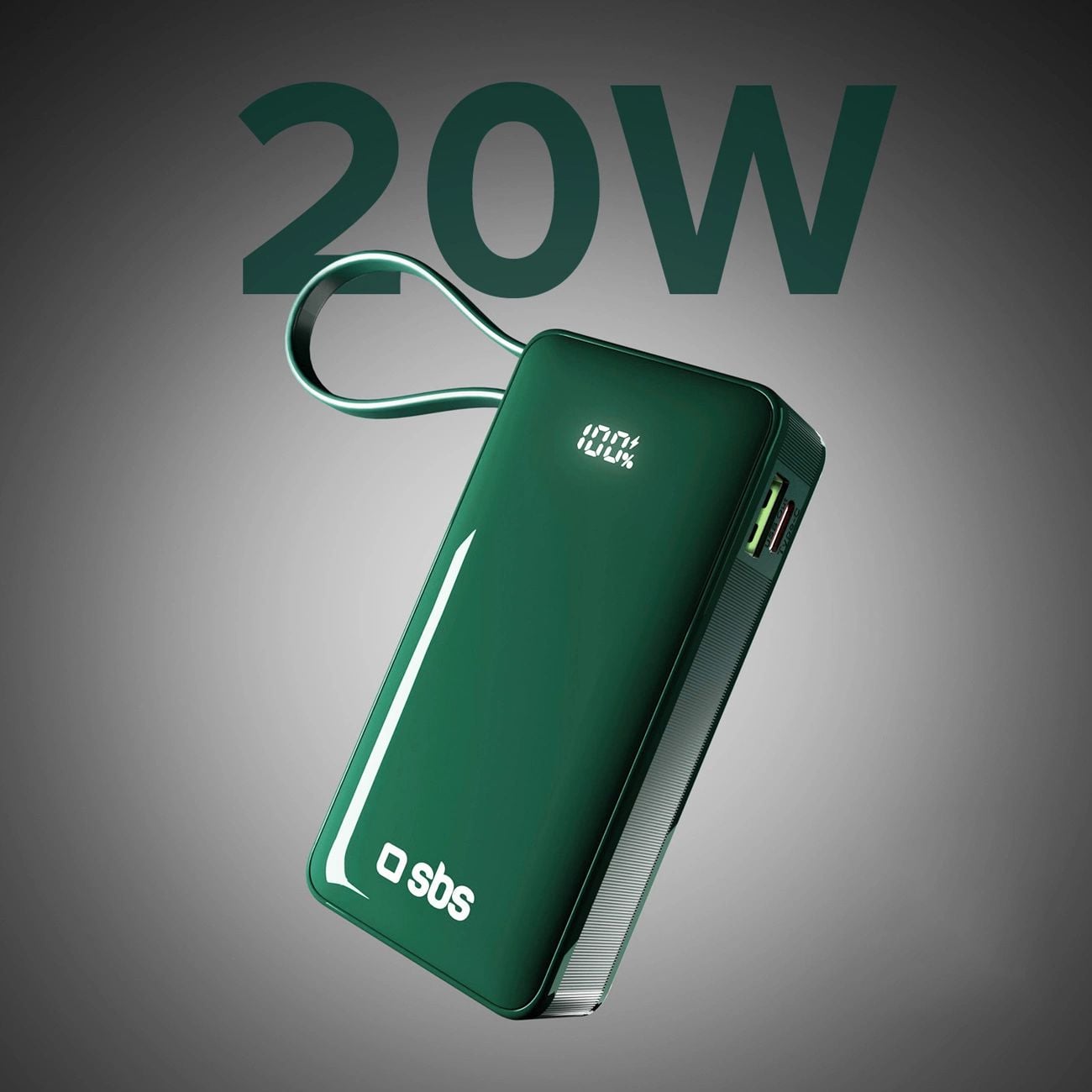 Powerbank SBS 10000 mAh 20W beépített USB-C kábellel és digitális kijelzővel - zöld-8