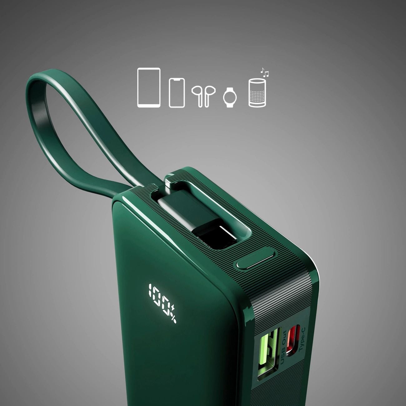Powerbank SBS 10000 mAh 20W beépített USB-C kábellel és digitális kijelzővel - zöld-6