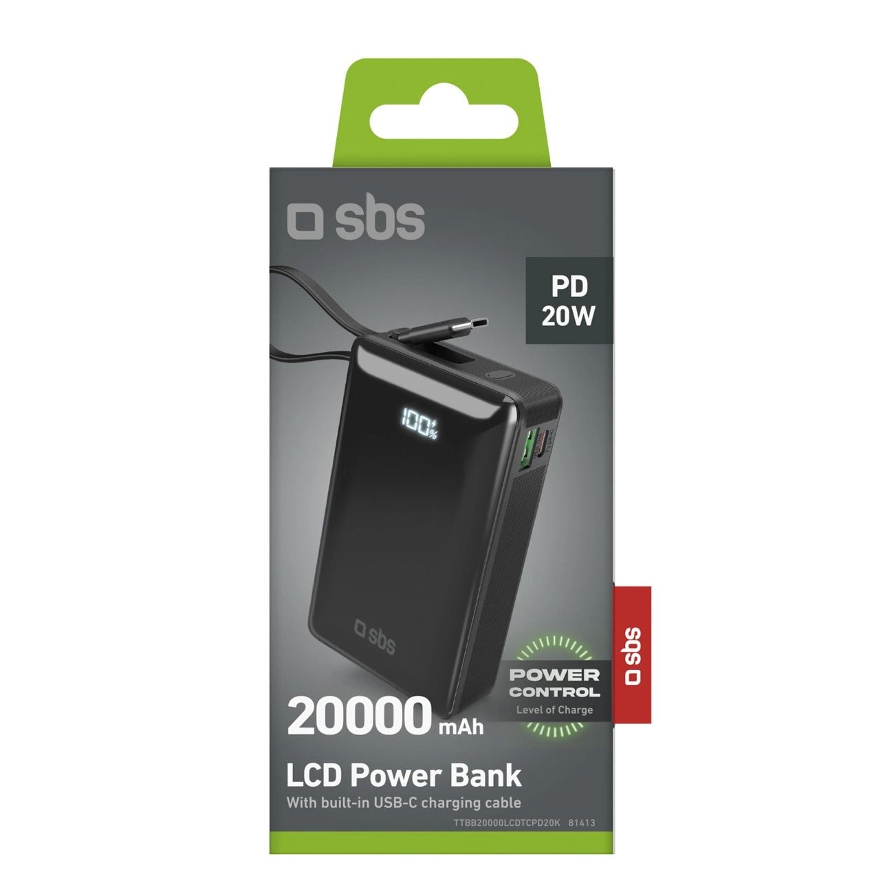 Powerbank SBS 20000 mAh 20W beépített USB-C kábellel és digitális kijelzővel - fekete-10