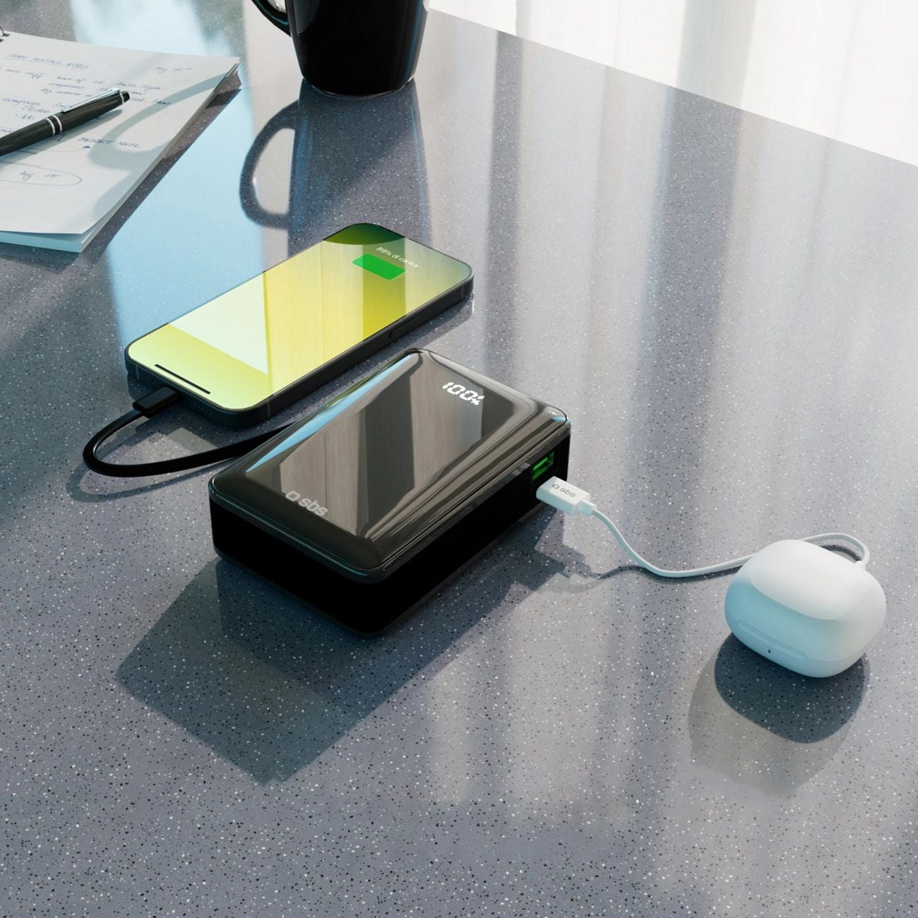 Powerbank SBS 20000 mAh 20W beépített USB-C kábellel és digitális kijelzővel - fekete-1
