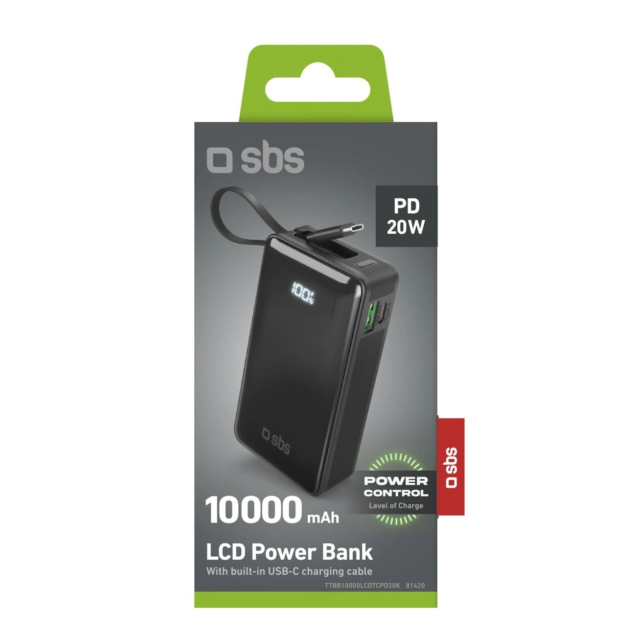 Powerbank SBS 10000 mAh 20W beépített USB-C kábellel és digitális kijelzővel - fekete-11