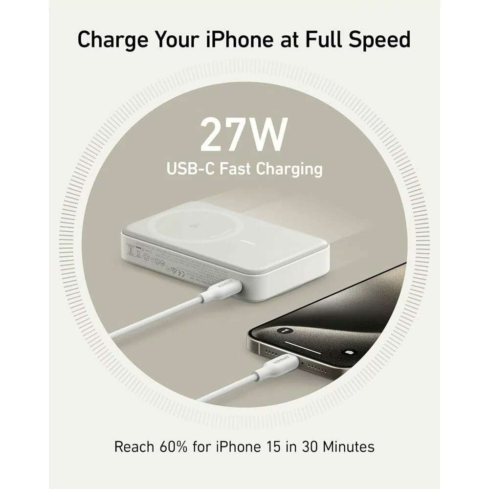 Anker - Power Bank MagGo (A1654G21) - iPhone-hoz, Digitális Kijelző, Vezeték nélküli Töltés, Kitámasztó, 10000mAh, 15W - Fehér-1