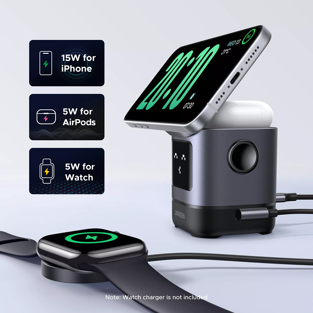Ugreen - Vezeték nélküli töltő 2 az 1-ben W709 (45775) - Intelligens kijelző, MagSafe, iPhone-hoz, AirPods-hoz, USB-C, Vicces emoji, 25W - Fekete-7