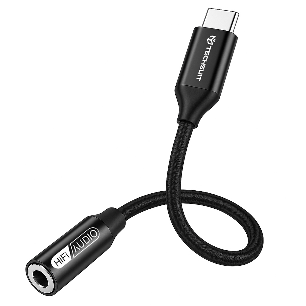 Techsuit - Prémium Kábel Adapter FuseXound (AC13) - Type-C a 3.5mm Jackhez, Hi-Fi Minőség, DAC Chip, 3A, 16bit/48kHz - Fekete-0