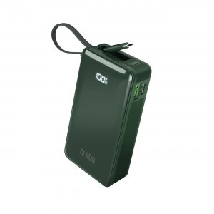 Powerbank SBS 10000 mAh 20W beépített USB-C kábellel és digitális kijelzővel - zöld
