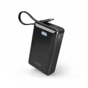 Powerbank SBS 20000 mAh 20W beépített USB-C kábellel és digitális kijelzővel - fekete