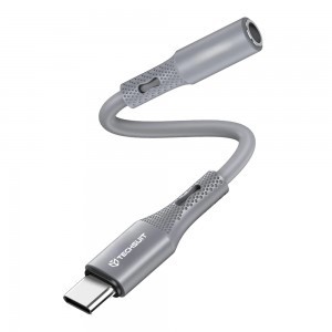 Techsuit - Prémium Hang Adapter SoundFleX (AC1) - Type-C - 3,5 mm Jack, Hi-Fi Minőség, DAC Chip, Szilikagél, 0,1 m - Szürke