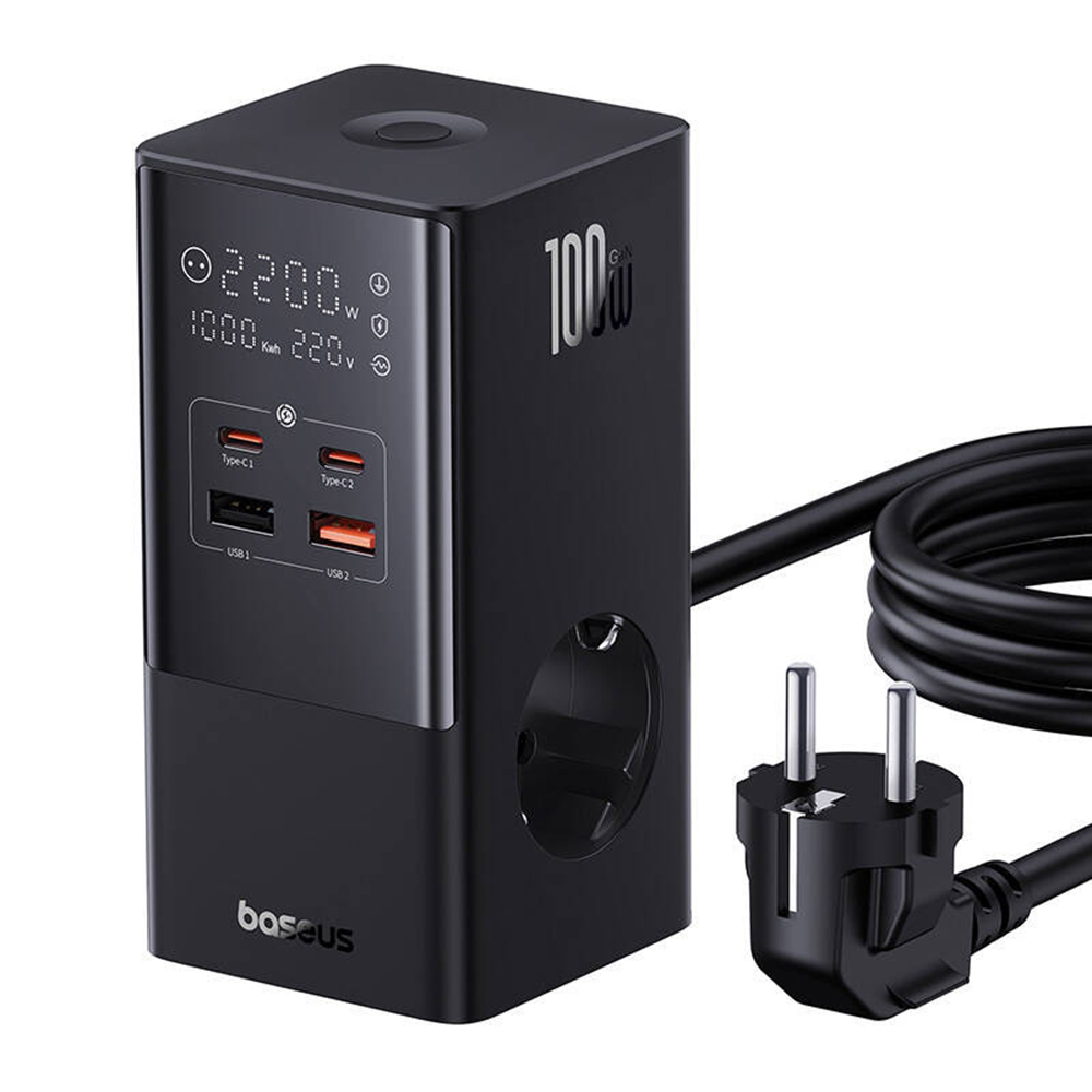 Baseus - Töltőállomás (E00023609113-00) - 2xUSB, 2xType-C, Schuko, LED kijelző, Gyors töltés 100W, 1.5m - Fekete-1