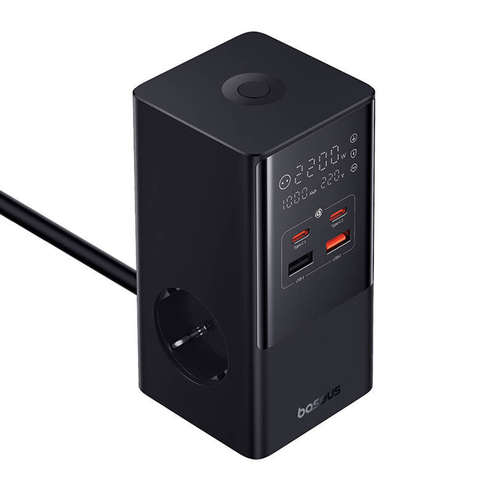 Baseus - Töltőállomás (E00023609113-00) - 2xUSB, 2xType-C, Schuko, LED kijelző, Gyors töltés 100W, 1.5m - Fekete-9