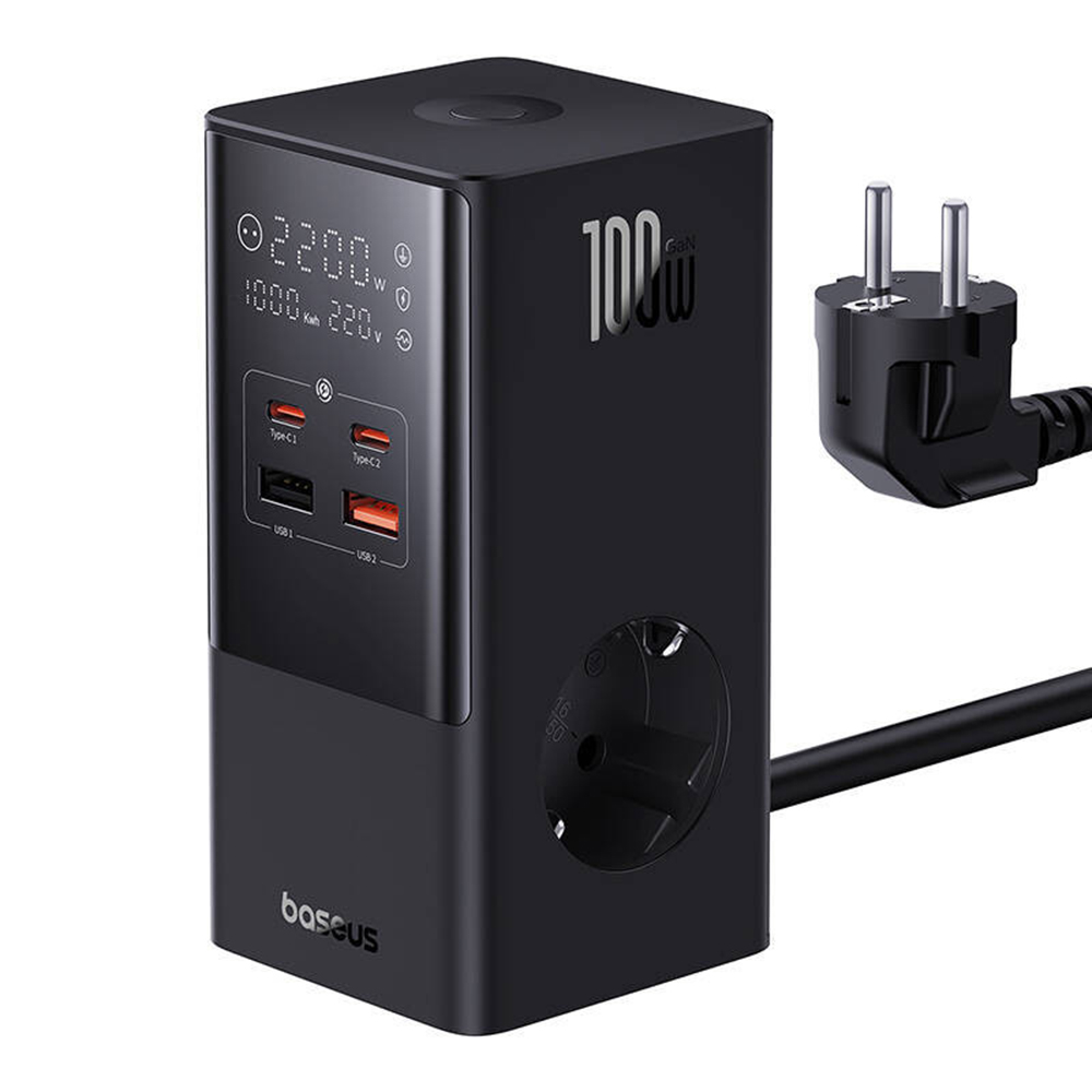 Baseus - Töltőállomás (E00023609113-00) - 2xUSB, 2xType-C, Schuko, LED kijelző, Gyors töltés 100W, 1.5m - Fekete-7