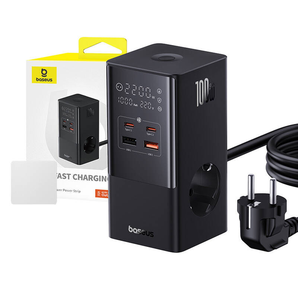Baseus - Töltőállomás (E00023609113-00) - 2xUSB, 2xType-C, Schuko, LED kijelző, Gyors töltés 100W, 1.5m - Fekete-3