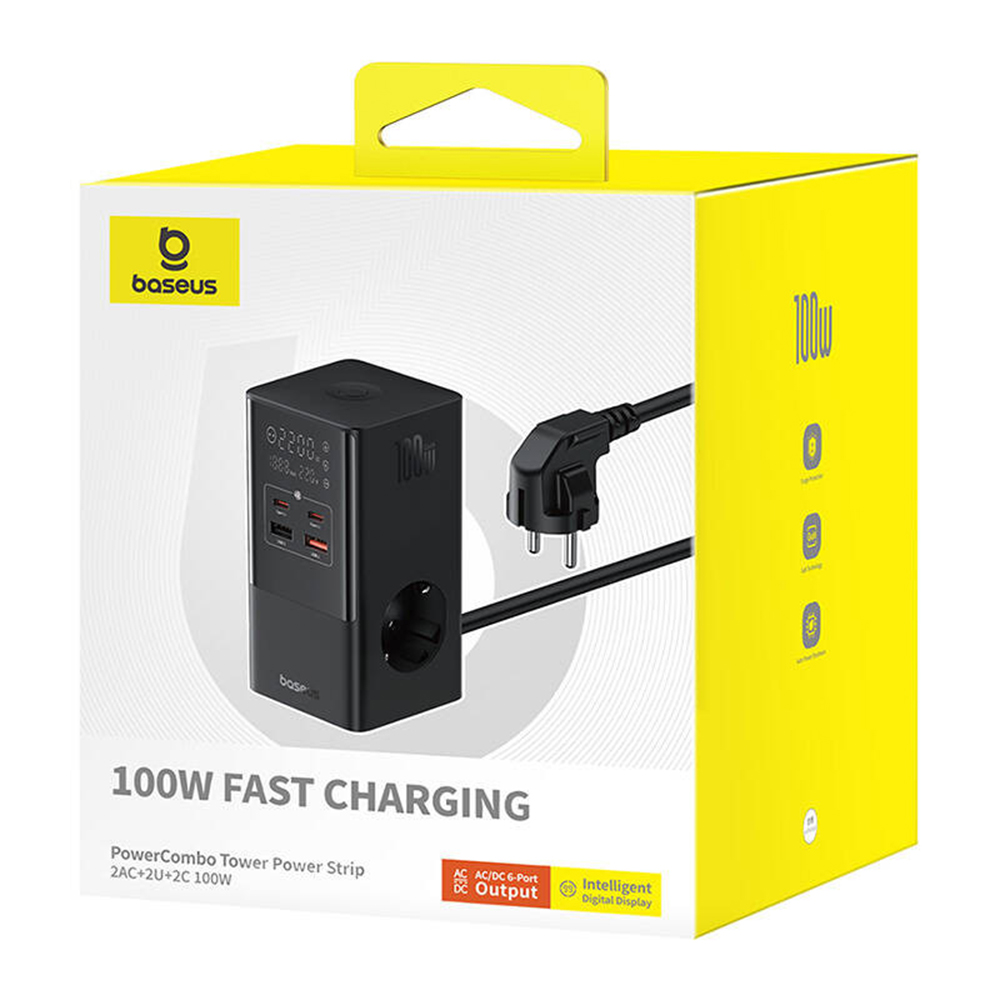 Baseus - Töltőállomás (E00023609113-00) - 2xUSB, 2xType-C, Schuko, LED kijelző, Gyors töltés 100W, 1.5m - Fekete-13
