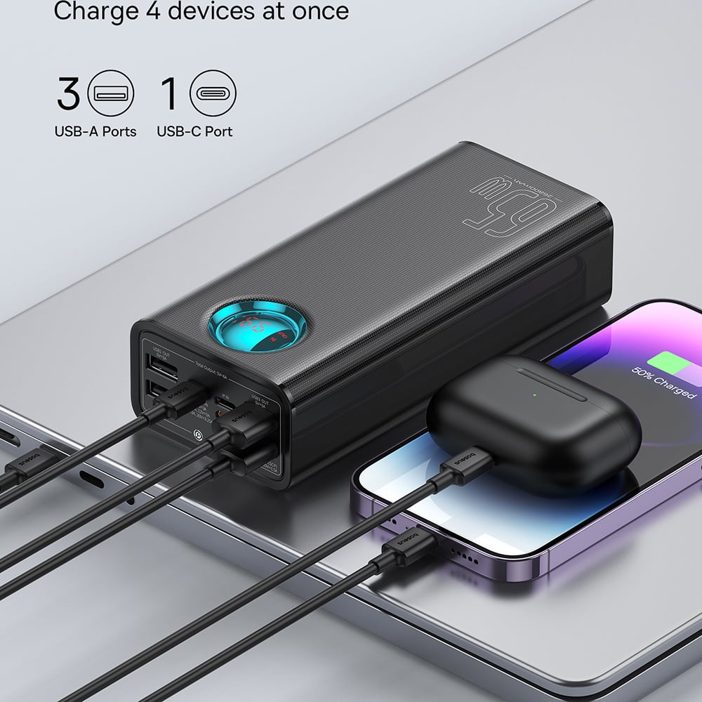 Baseus - Power Bank (P10022402113-00) - 4x USB, Type-C, Lightning, Micro-USB, Gyors töltés, 65W, 26800mAh, USB-C kábel - Fekete-4