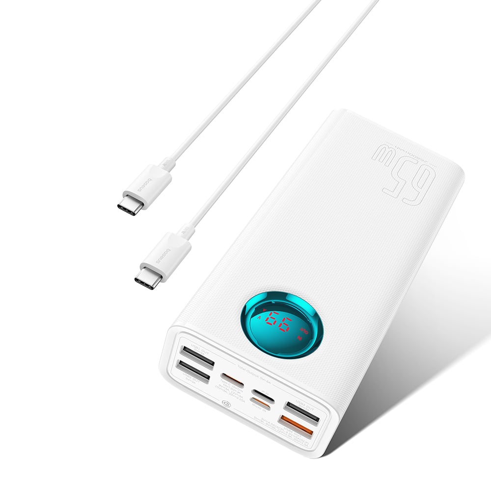  Baseus - Power Bank (P10022402223-00) - 4x USB, Type-C, Lightning, Micro-USB, Gyors töltés, 65W, 26800mAh, USB-C kábel - Fehér-0
