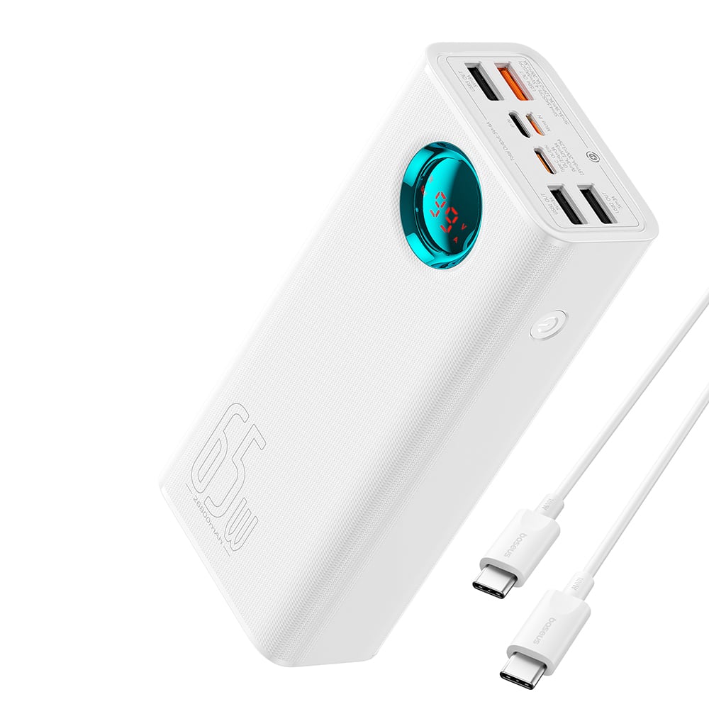  Baseus - Power Bank (P10022402223-00) - 4x USB, Type-C, Lightning, Micro-USB, Gyors töltés, 65W, 26800mAh, USB-C kábel - Fehér-1