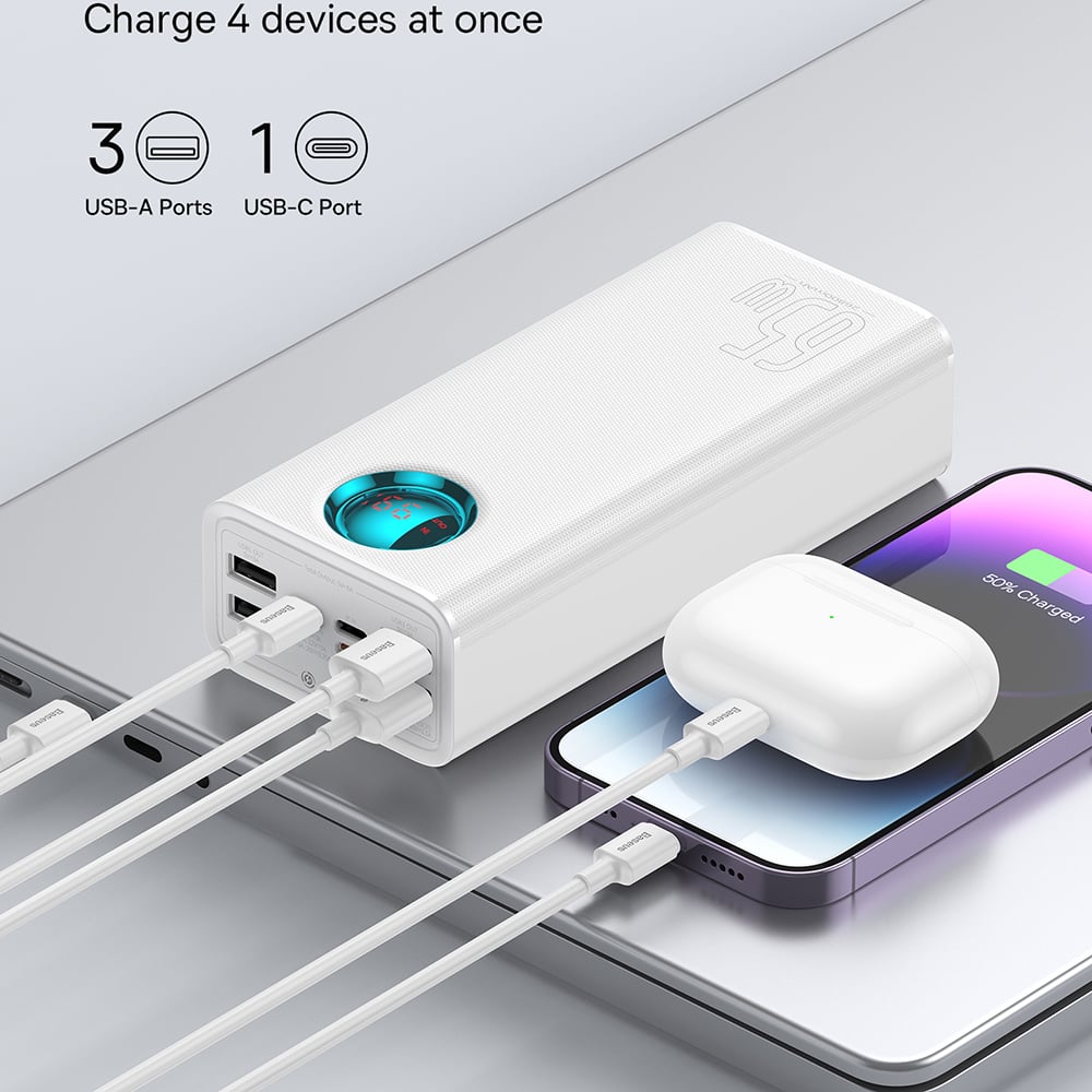  Baseus - Power Bank (P10022402223-00) - 4x USB, Type-C, Lightning, Micro-USB, Gyors töltés, 65W, 26800mAh, USB-C kábel - Fehér-4
